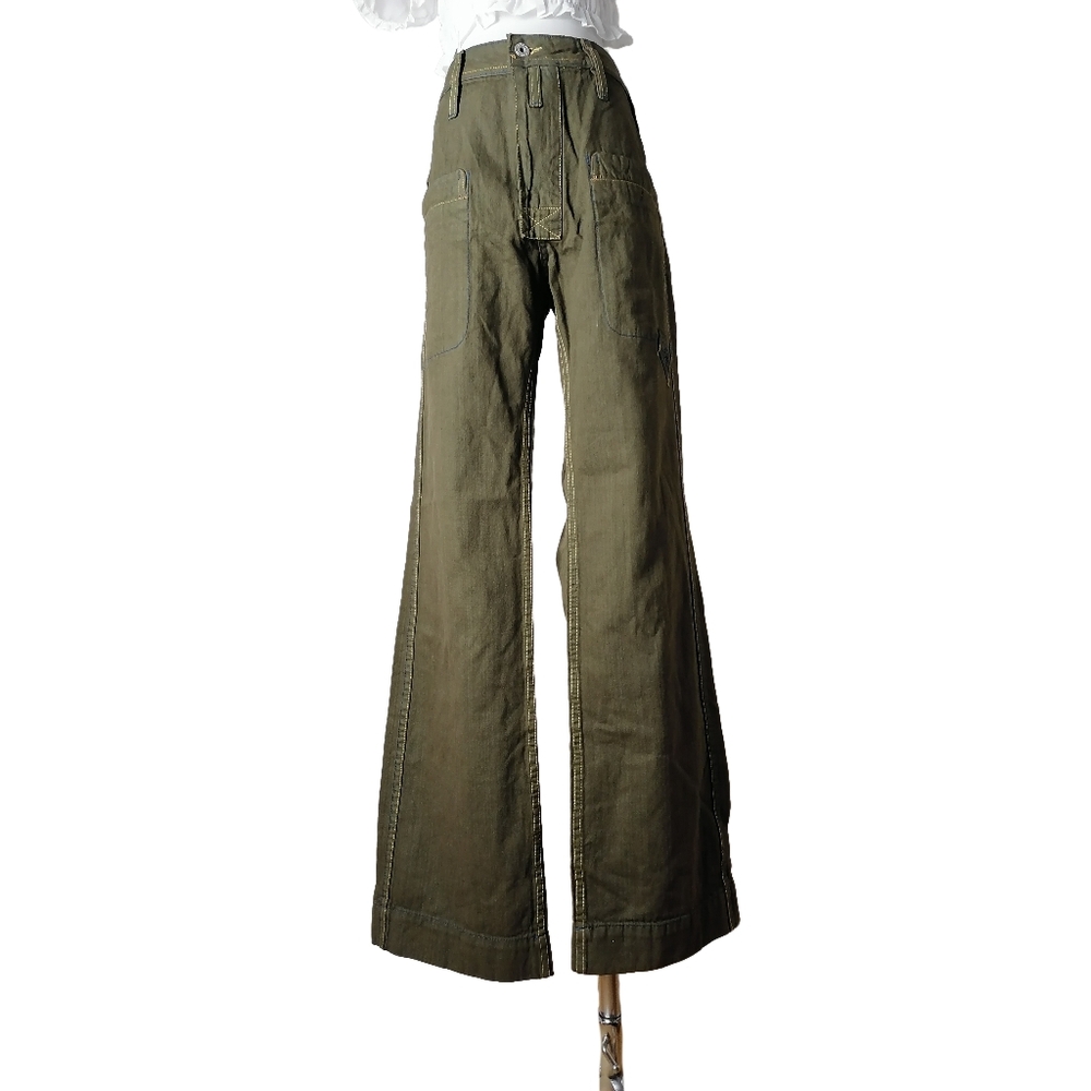 🐝 men's olive green sturdy cotton twill high-waisted, wide-leg pants